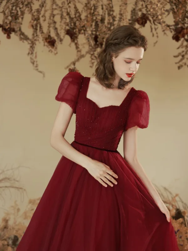Modest / Simple Burgundy Beading Formal Dresses 2022 A-Line / Princess Square Neckline Puffy Short Sleeve Backless Floor-Length / Long Prom Prom Dresses