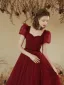 Modest / Simple Burgundy Beading Formal Dresses 2022 A-Line / Princess Square Neckline Puffy Short Sleeve Backless Floor-Length / Long Prom Prom Dresses