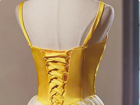 Fashion Yellow Floor-Length / Long Prom Dresses 2024 Ball Gown Spaghetti Straps Sleeveless Backless Prom Formal Dresses
