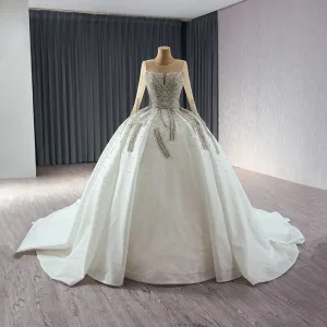 High End White Handmade Rhinestone Wedding Dresses 2024 Ball Gown Scoop Neck Long Sleeve Court Train Wedding