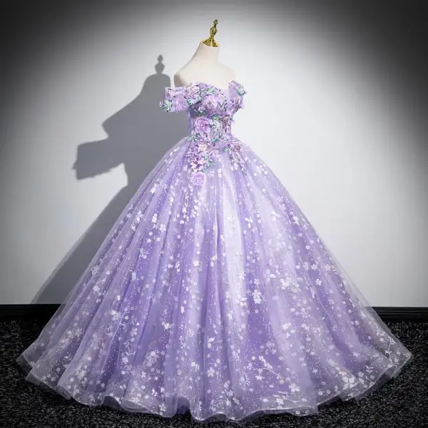 Flower Fairy Lavender Appliques Sequins Prom Dresses 2024 Ball Gown Off-The-Shoulder Short Sleeve Backless Floor-Length / Long Prom Formal Dresses