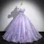 Flower Fairy Lavender Appliques Sequins Prom Dresses 2024 Ball Gown Off-The-Shoulder Short Sleeve Backless Floor-Length / Long Prom Formal Dresses