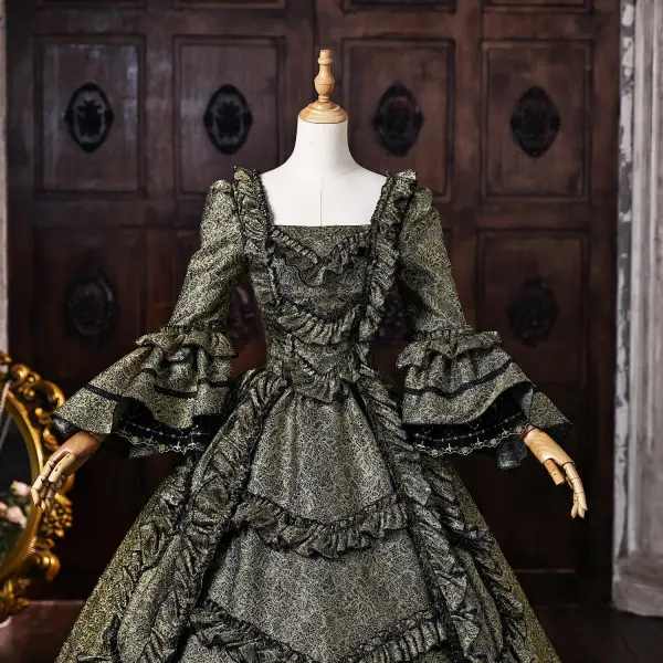 Vintage / Retro Medieval Dark Green Prom Dresses 2026 Ball Gown Square Neckline Bell sleeves Floor-Length / Long Formal Dresses