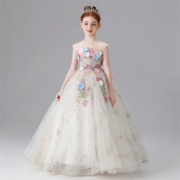 Flower Fairy White Beading Sequins Pearl Lace Flower Appliques Birthday Flower Girl Dresses 2025 Ball Gown Scoop Neck Sleeveless Floor-Length / Long