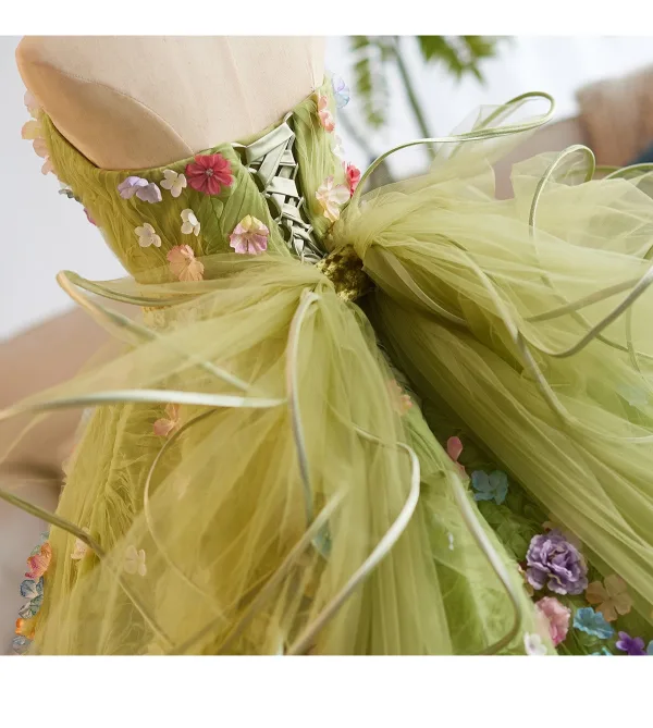 Flower Fairy Sage Green Multi-Colors Appliques Prom Dresses 2025 Ball Gown Strapless Sleeveless Backless Sweep Train Formal Dresses