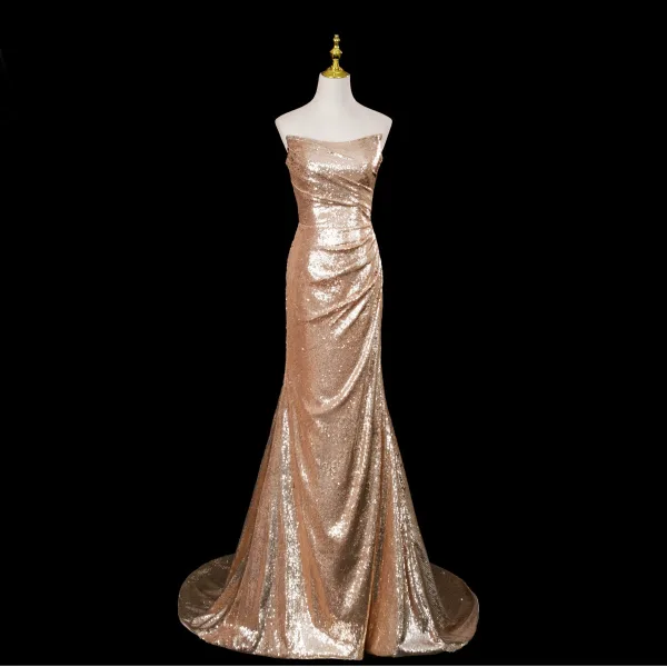 Scintillantes Sexy Doré Paillettes Robe De Soirée 2025 Trompette / Sirène Bustier Sans Manches Dos Nu Train De Balayage Soirée Robe De Ceremonie