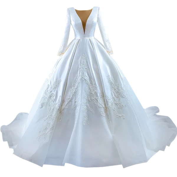 High-end White Satin Wedding Dresses 2022 Ball Gown Scoop Neck Long Sleeve Beading Lace Flower Sash Chapel Train Wedding