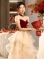 Chinese style Burgundy Beading Lace Flower Cascading Ruffles Prom Dresses 2024 A-Line / Princess High Neck Short Sleeve Floor-Length / Long Prom Formal Dresses