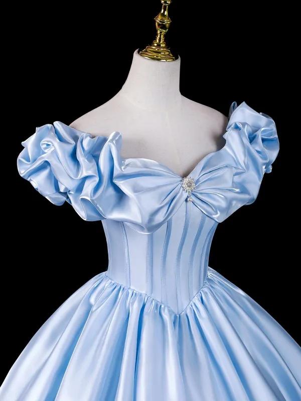 Elegant Sky Blue Prom Dresses 2026 Ball Gown Ruffle Off-The-Shoulder Bow Short Sleeve Backless Floor-Length / Long Formal Dresses