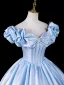 Elegant Sky Blue Prom Dresses 2026 Ball Gown Ruffle Off-The-Shoulder Bow Short Sleeve Backless Floor-Length / Long Formal Dresses