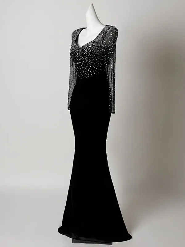 Sexy Black Sequins Evening Dresses 2026 Trumpet / Mermaid V-Neck Long Sleeve Floor-Length / Long Formal Dresses