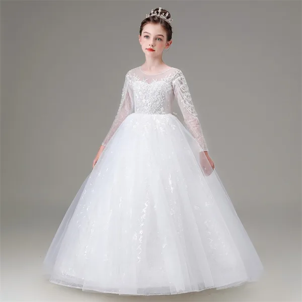 Elegant Blushing Pink Beading Rhinestone Lace Flower Birthday Flower Girl Dresses 2025 Ball Gown Scoop Neck Long Sleeve Floor-Length / Long