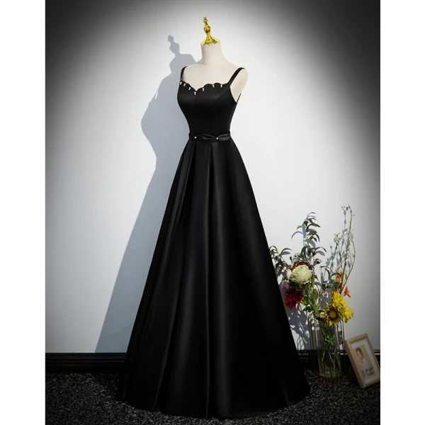 Charming Black Pearl Evening Dresses 2023 A-Line / Princess Spaghetti Straps Sleeveless Backless Floor-Length / Long Satin Evening Party Formal Dresses