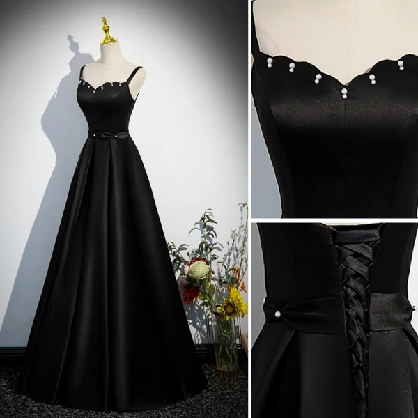 Charming Black Pearl Evening Dresses 2023 A-Line / Princess Spaghetti Straps Sleeveless Backless Floor-Length / Long Satin Evening Party Formal Dresses