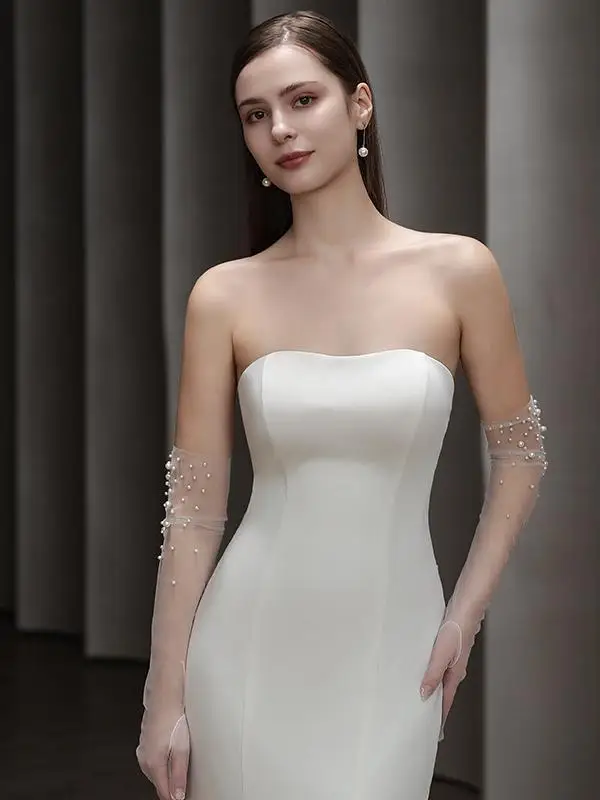 Elegant Hvit Perle Bryllup Brudehansker 2025 Tyll