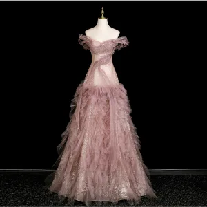 Wysokiej Klasy Rumieniąc Różowy Aplikacje Rhinestone Cekiny Kaskadowe Falbany Sukienki Na Bal 2025 Princessa Przy Ramieniu Bez Rękawów Bez Pleców Długie Sukienki Wizytowe