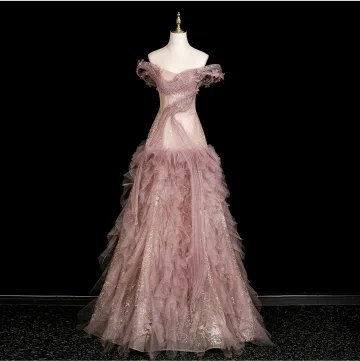 High End Blozen Roze Appliques Rhinestone Pailletten Cascading Ruches Galajurken 2025 A Lijn Uit De Schouder Mouwloos Ruglooze Lange Gelegenheid Jurken