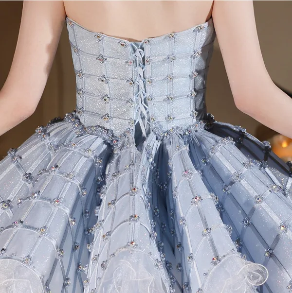 Sexy Sky Blue Pearl Sequins Short Party Dresses 2026 Ball Gown Strapless Sleeveless Backless Cocktail Party Evening Party Formal Dresses