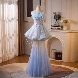 Sexy Himmelen Blå Beading Blonder Blomst Appliques Perle Selskapskjoler 2026 Trompet Havfrue Strapless Uten Ermer Ryggløse Lange Formelle Kjoler