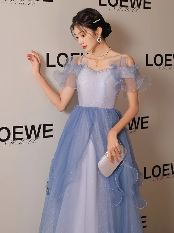 Chic / Beautiful Sky Blue Evening Dresses 2023 A-Line / Princess Spaghetti Straps Short Sleeve Backless Floor-Length / Long Evening Party Formal Dresses