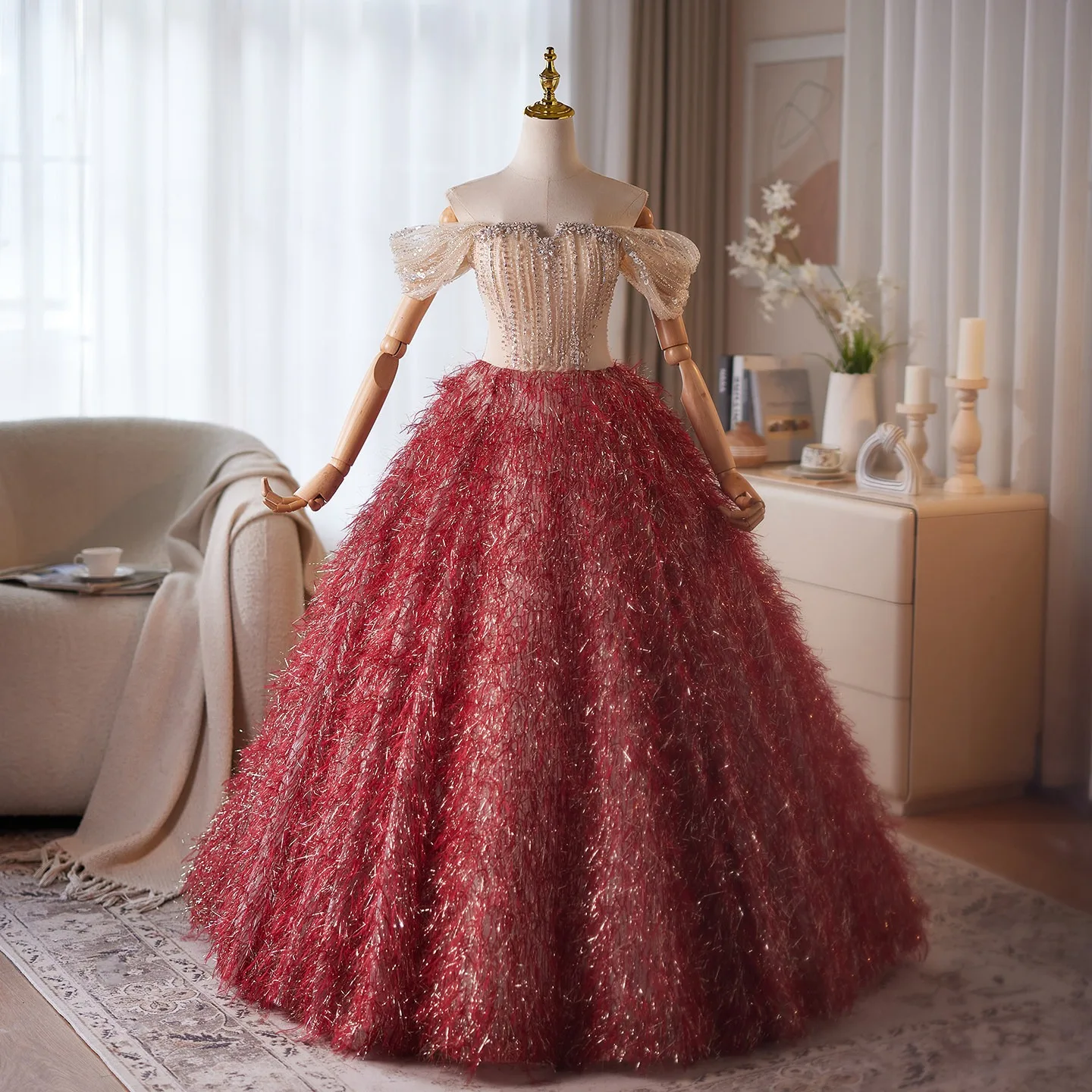 Fashion Red Beading Sequins Tassel Prom Dresses 2026 Ball Gown Off-The-Shoulder Short