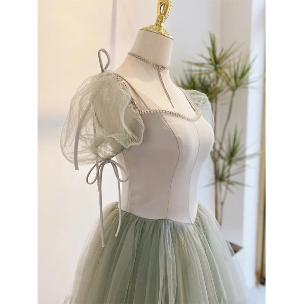 Chic / Beautiful Sage Green Prom Dresses 2022 A-Line / Princess Square Neckline Puffy Short Sleeve Bow Rhinestone Floor-Length / Long Formal Dresses