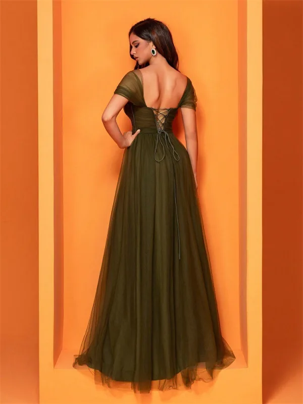 Chic / Belle Vert Foncé Fendue devant Robe De Bal 2025 Trompette / Sirène Encolure Carrée Manches Courtes Dos Nu Longue Robe De Ceremonie