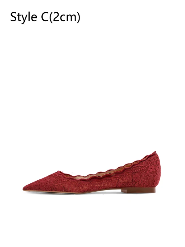 Elegant Burgundy Lace Flower Flat Wedding Shoes 2024 Leather Pointed Toe Wedding Pumps
