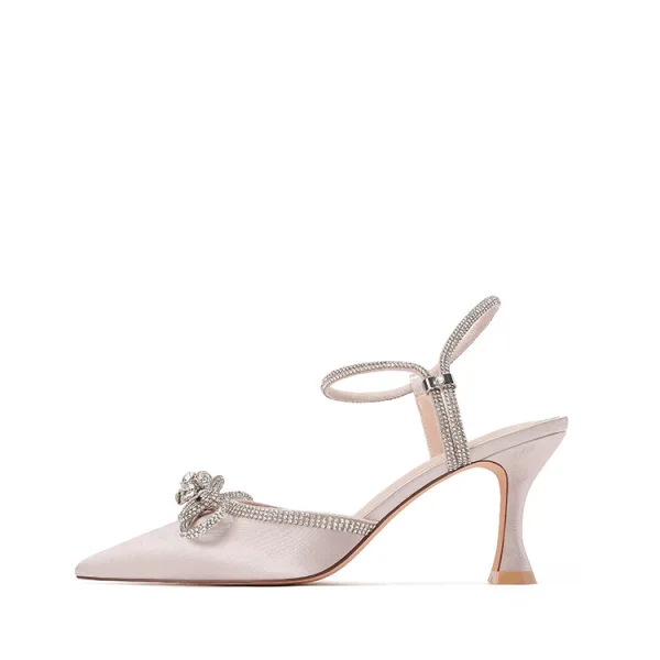 Sexy Rougissant Rose Soirée Faux Diamant Noeud Sandales Femme 2022 Bride Cheville 6 cm Talons Aiguilles À Bout Pointu Sandales Talons Hauts