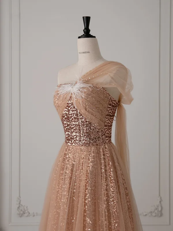 Scintillantes Champagne Paillettes Robe De Bal 2025 Princesse Une épaule Manches Courtes Dos Nu Longue Robe De Ceremonie