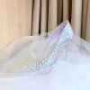 Assepoester Transparante Kristal Bruidsschoenen 2023 8 cm Naaldhakken / Stiletto Spitse Neus Huwelijk Pumps Hoge Hakken