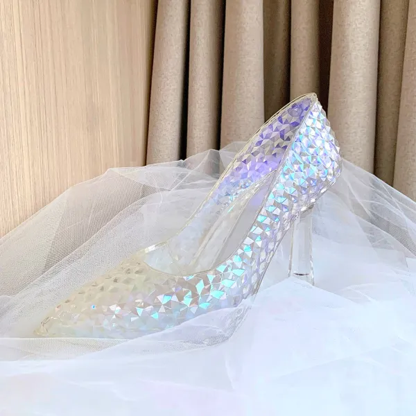 Cinderella Transparent Crystal Wedding Shoes 2023 8 cm Stiletto Heels Pointed Toe Wedding Pumps High Heels