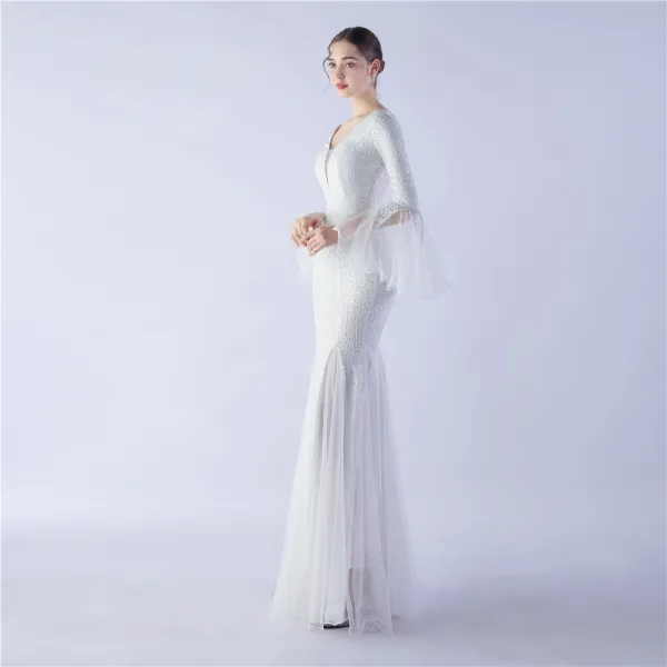 Sparkly Black Sequins Evening Dresses 2024 Trumpet / Mermaid V-Neck Bell sleeves Backless Floor-Length / Long Evening Party Formal Dresses