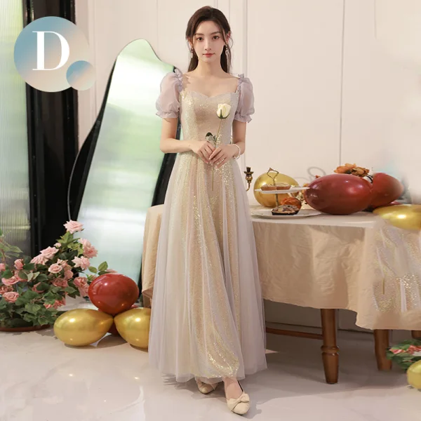 Chic / Beautiful Gold Sequins Bridesmaid Dresses 2023 A-Line / Princess Off-The-Shoulder Short Sleeve Backless Floor-Length / Long Bridesmaid Dresses