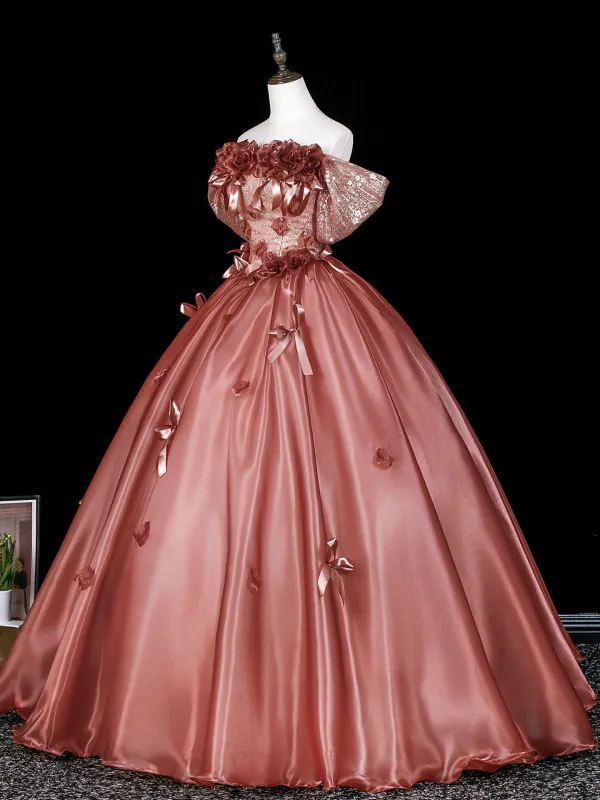 Dreamy Rose Gold Sequins Bow Appliques Prom Dresses 2026 Ball Gown Off-The-Shoulder Short Sleeve Backless