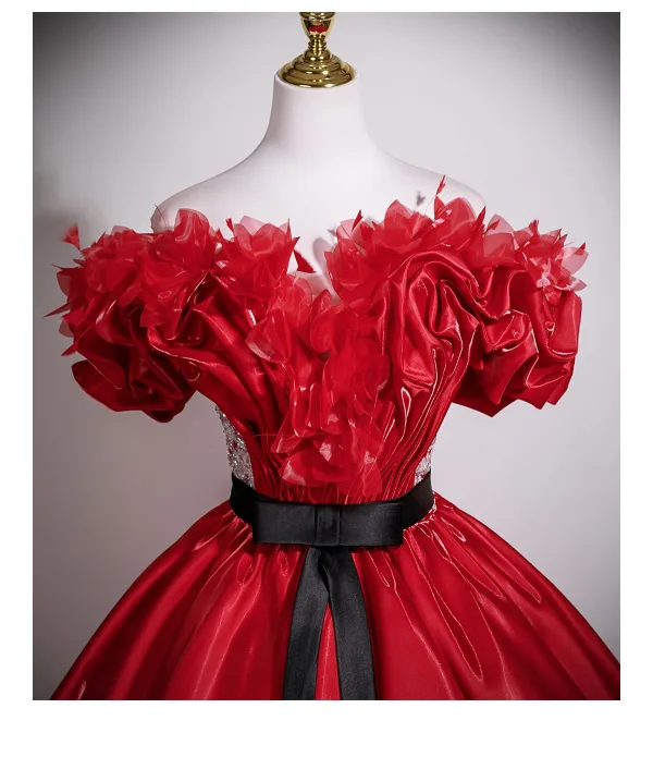 Chic / Beautiful Red Appliques Bow Sash Prom Dresses 2025 Ball Gown Off-The-Shoulder Short Sleeve Backless Floor-Length / Long Formal Dresses