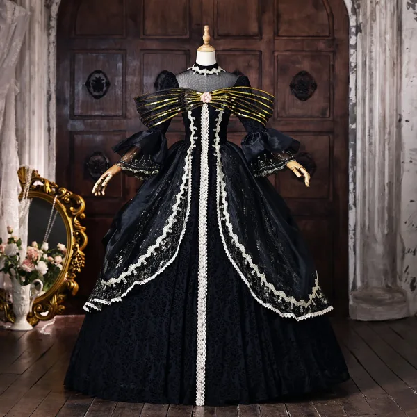 Vintage / Originale Médiévale Noire Paillettes En Dentelle Fleur Robe De Bal 2026 Robe Boule Col Haut Manches de cloche Dos Nu Longue Robe De Ceremonie