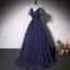 Élégant Noire Perlage Robe De Bal 2022 Princesse V-Cou Manches Courtes Dos Nu Longue Robe De Ceremonie