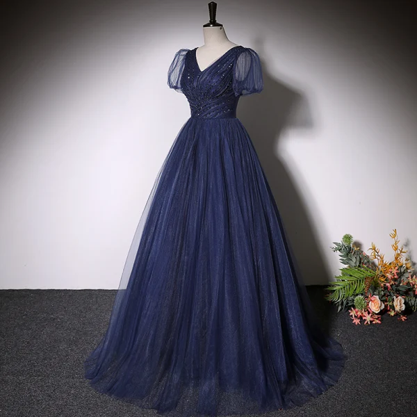 Vintage / Retro Navy Blue Beading Sequins Evening Dresses 2023 A-Line / Princess V-Neck Short Sleeve Backless Floor-Length / Long Evening Party Formal Dresses