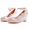 Moda Białe Rhinestone Cekiny Z Koronki Kwiat Buty Ślubne 2023 Z Paskiem 8 cm Na Koturnie Szpiczaste Ślub Boots