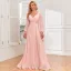 Simple Rougissant Rose Chiffon Robe De Bal 2024 Princesse V-Cou Manches Longues Dos Nu Longue Promo Robe De Ceremonie
