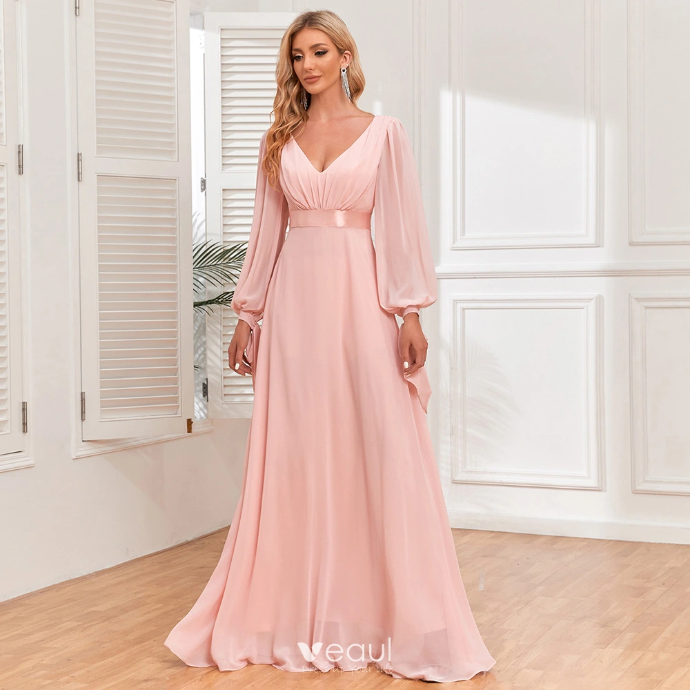 Modest / Simple Blushing Pink Chiffon Prom Dresses 2024 A-Line / Princess  V-Neck Long Sleeve Backless Floor-Length / Long Prom Formal Dresses