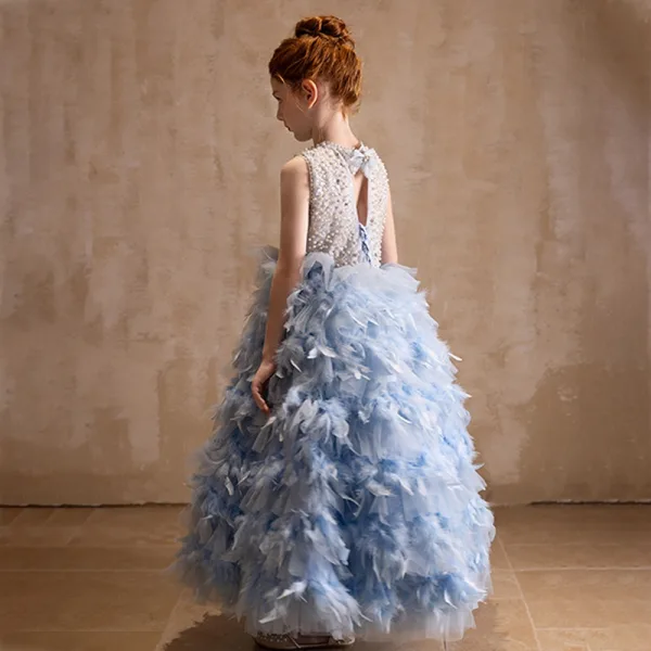 Fashion Sky Blue Pearl Appliques Birthday Flower Girl Dresses 2025 A-Line / Princess Scoop Neck Sleeveless Backless Floor-Length / Long