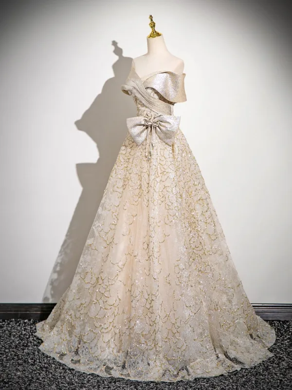 Fashion Champagne Glitter Sequins Bow Prom Dresses 2025 A-Line / Princess Strapless Sleeveless Backless Floor-Length / Long Prom Formal Dresses
