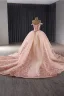 Luxury / Gorgeous Blushing Pink Beading Sequins Cascading Ruffles Prom Dresses Ball Gown 2024 Off-The-Shoulder Sleeveless Backless Chapel Train Prom Formal Dresses