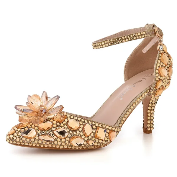 Cinderella Champagne Crystal Wedding Shoes 2022 Rhinestone Ankle Strap 7 cm Stiletto Heels Pointed Toe Wedding Shoes High Heels
