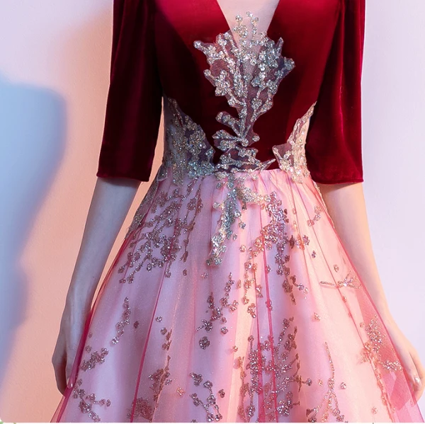 Chic / Beautiful Burgundy Beading Sequins Prom Dresses 2024 A-Line / Princess Scoop Neck 1/2 Sleeves Backless Floor-Length / Long Prom Formal Dresses