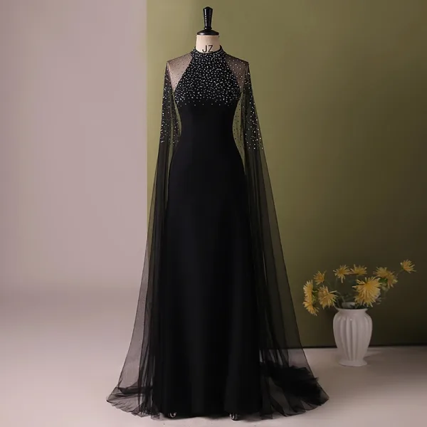 Elegant Hvide Rhinestone Gallakjoler 2024 Havfrue Høj Hals Ærmeløs Lange Galla Kjoler