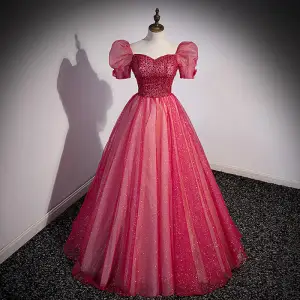 Élégant Rouge Paillettes Robe De Bal 2022 Robe Boule Encolure Carrée Gonflée Manches Courtes Dos Nu Longue Promo Robe De Ceremonie