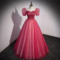 Elegantes Rojo Lentejuelas Vestidos de gala 2022 Ball Gown Escote Cuadrado Hinchado Manga Corta Sin Espalda Largos Gala Vestidos Formales